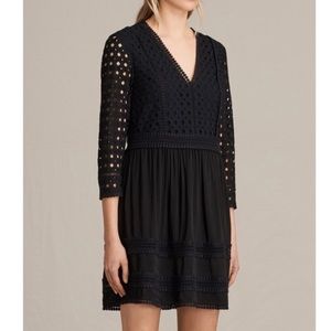 All Saints Black Crochet V-Neck Long Sleeve Mini Dress